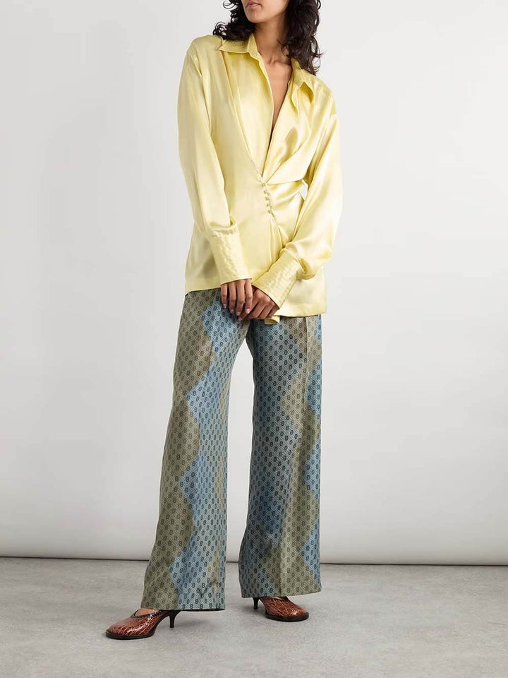 Delicate Wrap-Effect Stretch Satin Button-Detail Shirt