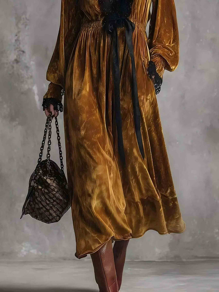 Elegant V-neck Velvet And Lace Patchwork Dress