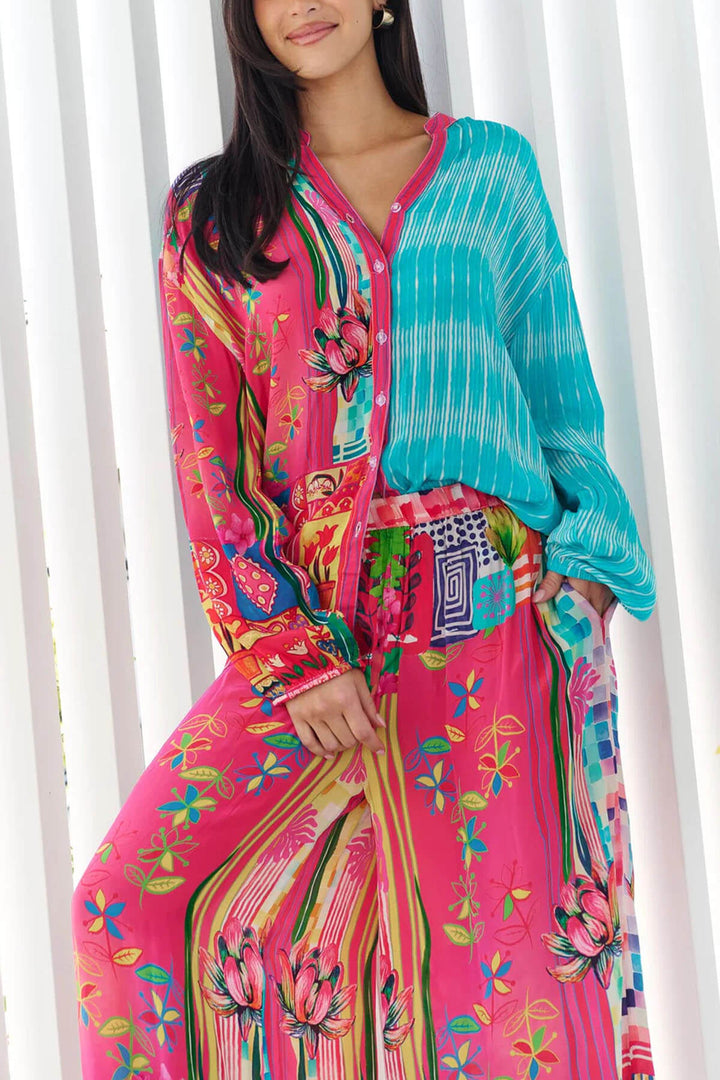 Unique Floral Print Elastic Waist Wide-Leg Pants