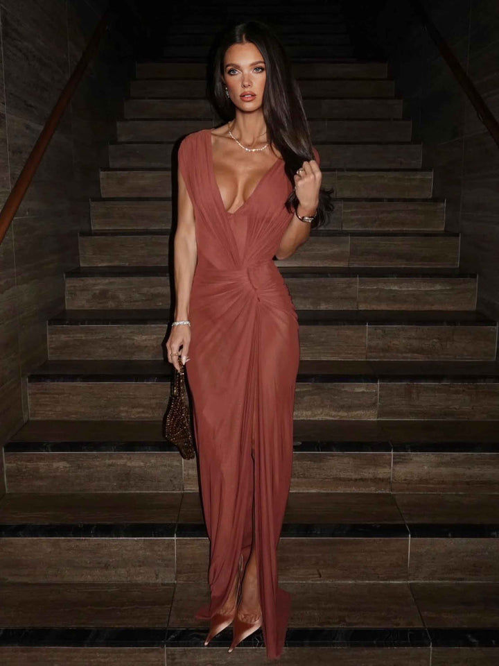 Elegant Deep V-Neck Draped Slit Maxi Dress