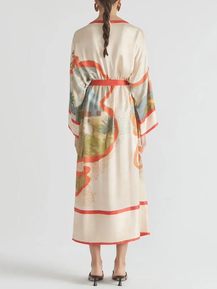 Elegant Scenic Print Kimono-Style Belted Maxi Dress