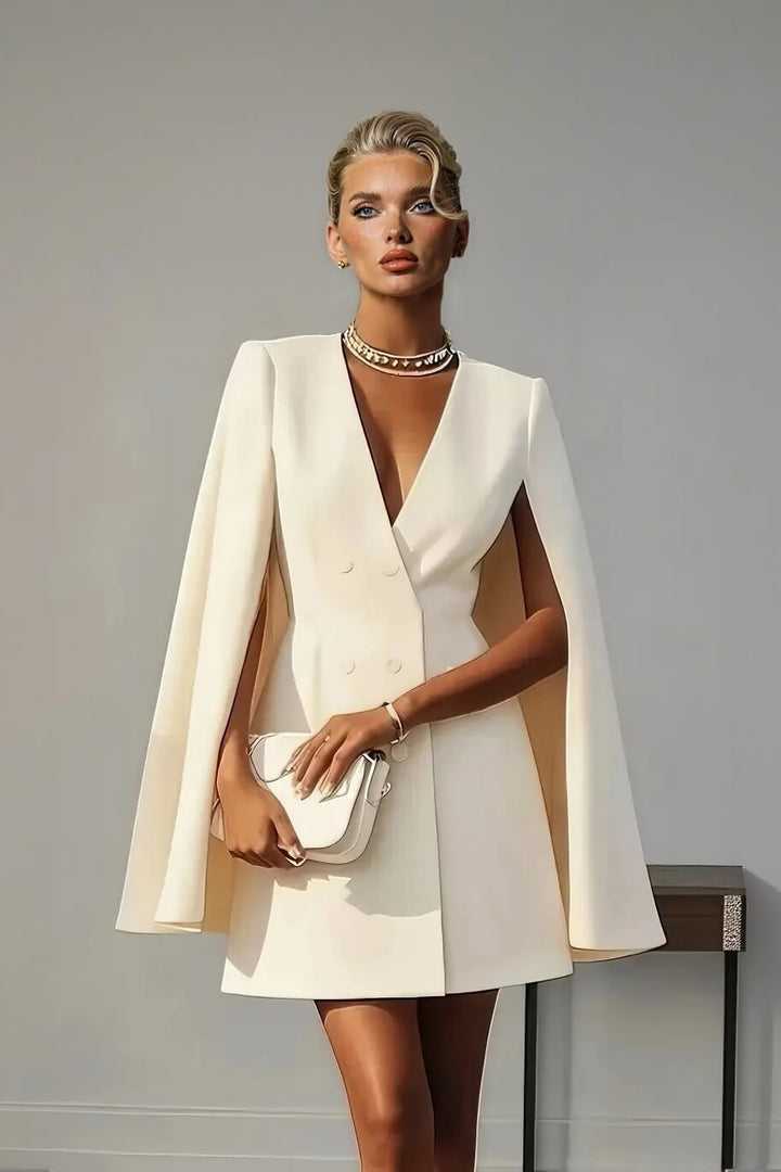Chic Beige V-Neck Cape Sleeve Double-Breasted Blazer Mini Dress