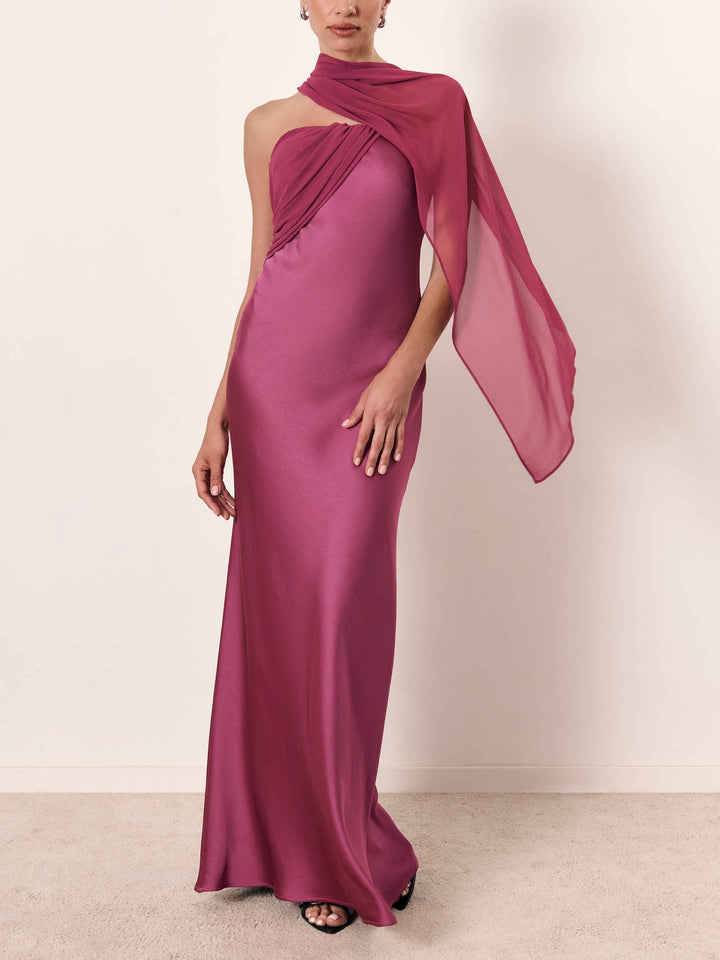 Elegant One Shoulder Draped Satin Evening Maxi Dress