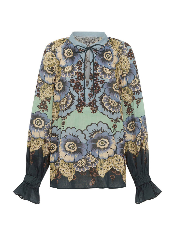 Classic Unique Floral Print Lantern Sleeves Tie-Up Color-Blocked Oversized Shirt