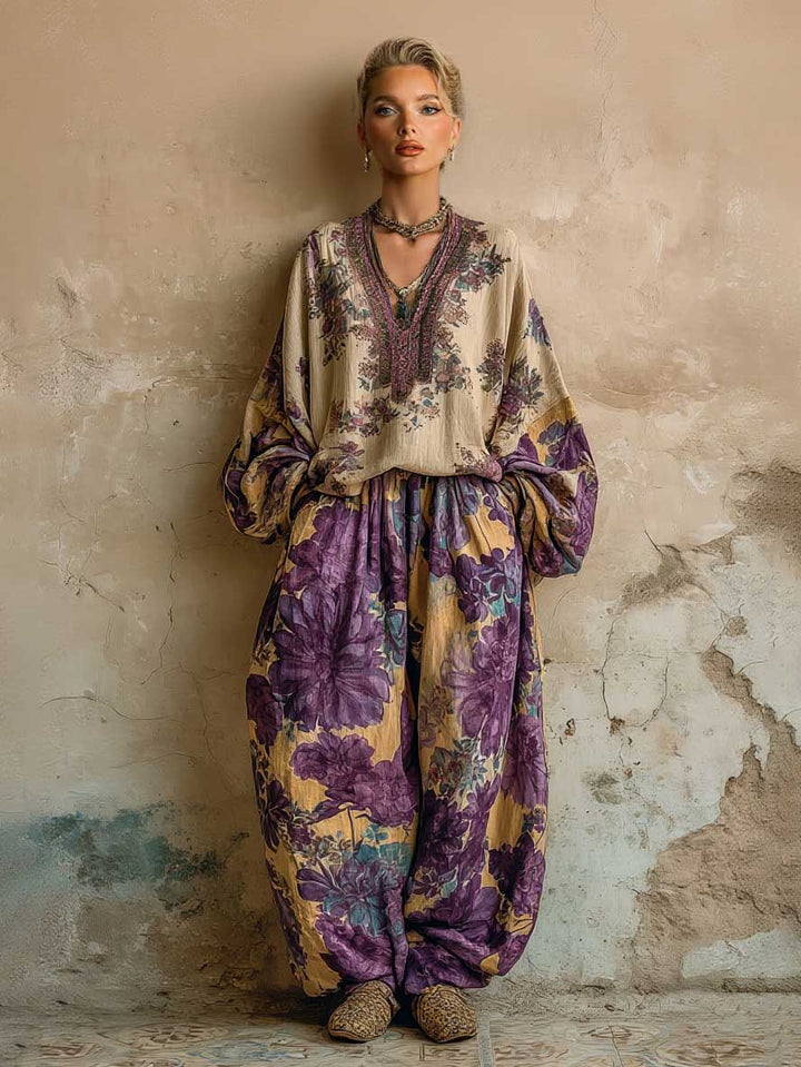 Retro Floral Embroidered Top & Wide-Leg Pants Two-Piece Set