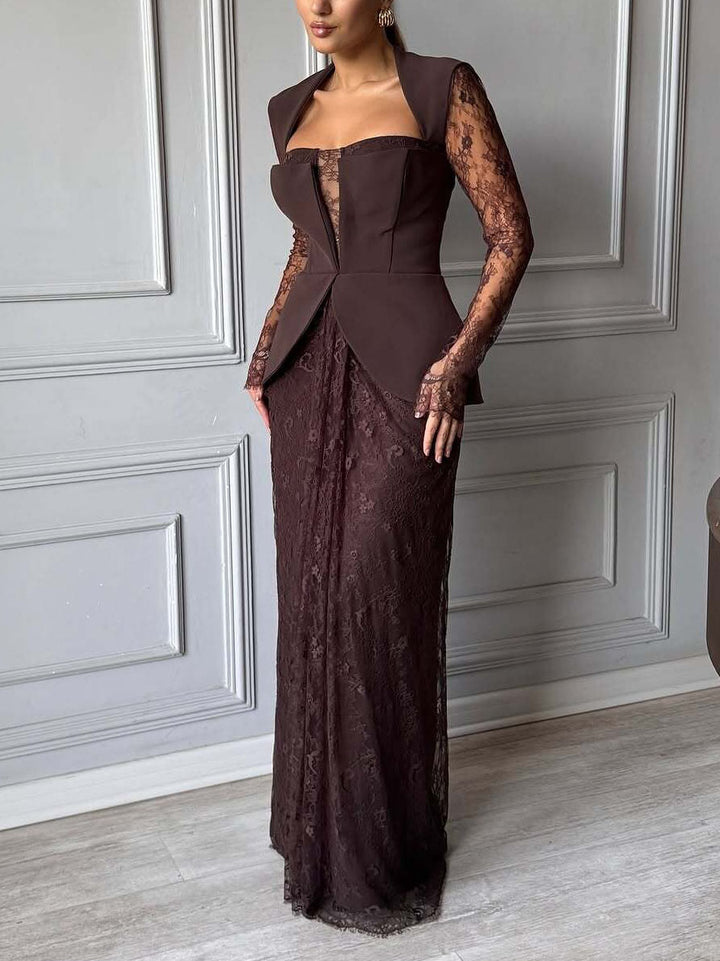 Elegant Lace Pleated Evening Gown Maxi Dress