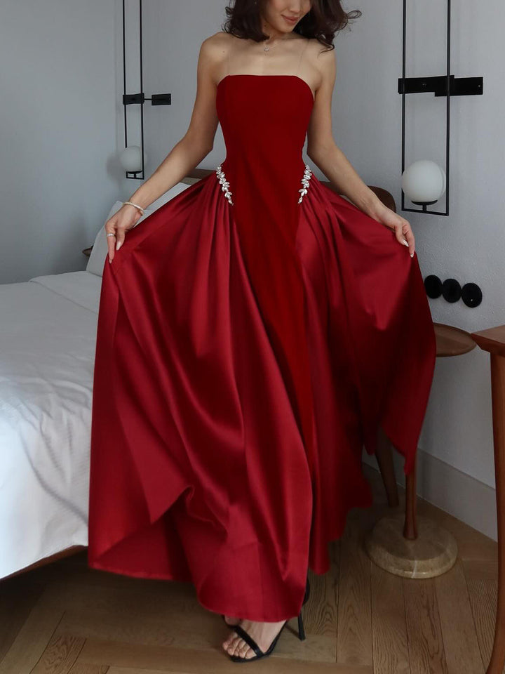 Elegant Red Strapless Evening Maxi Dress