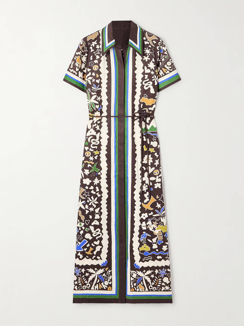 Unique Retro Moroccan Print Belted Linen Midi Dress