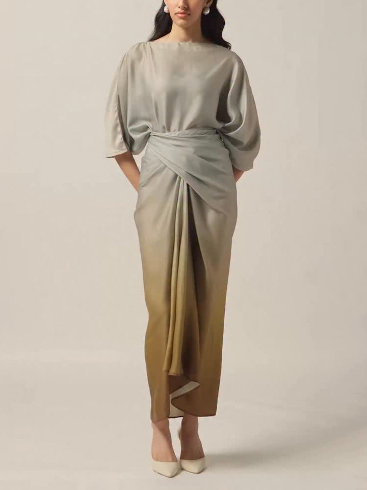 Elegant Gradient Draped Top And Pleated Long Skirt Two-piece Set