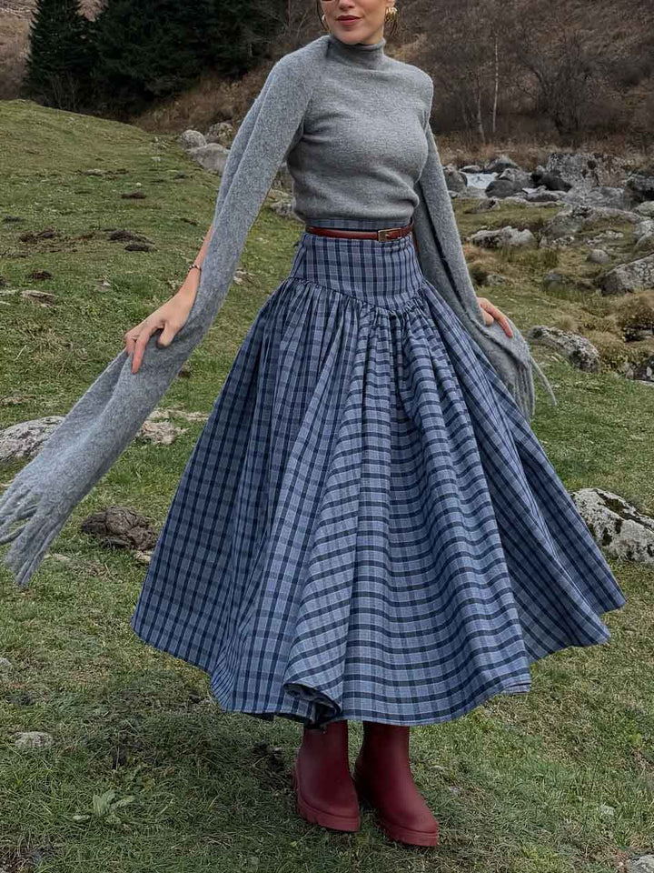 Retro Plaid Maxi Skirt Two-piece Set