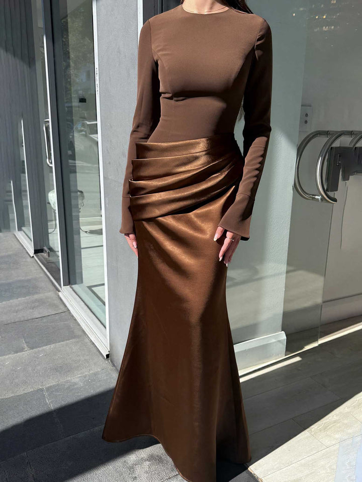 Elegant Long-Sleeved Draped Satin Maxi Dress