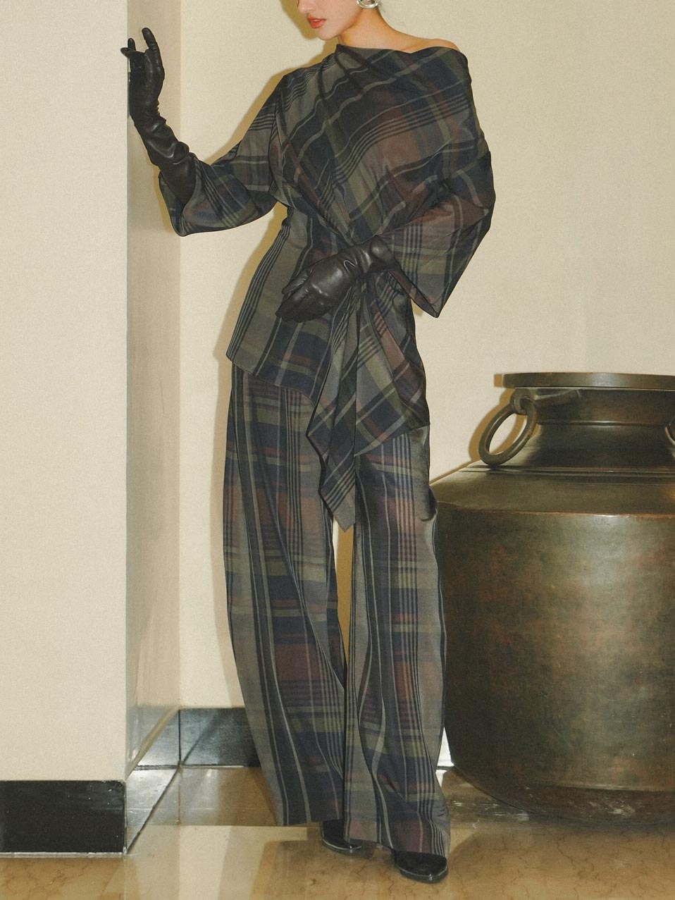 Asymmetric Draped Plaid Long-Sleeve Top