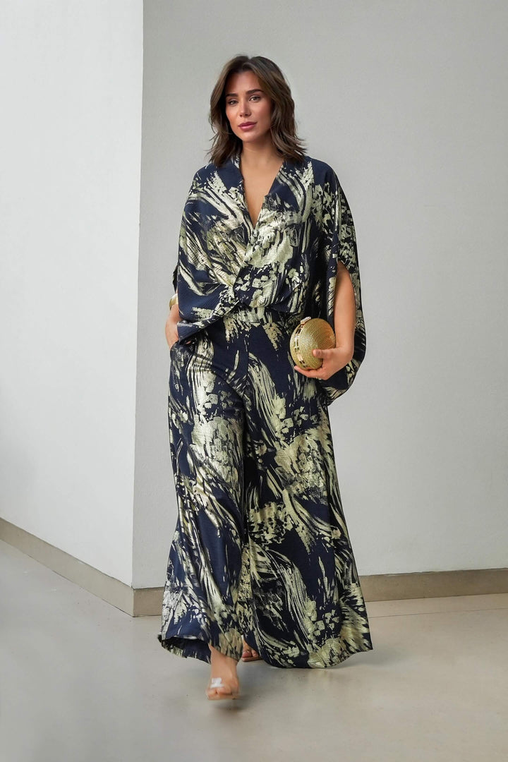 Retro Fashion Ethnic Print Elastic Waist Loose Pocket Wide-Leg Pants