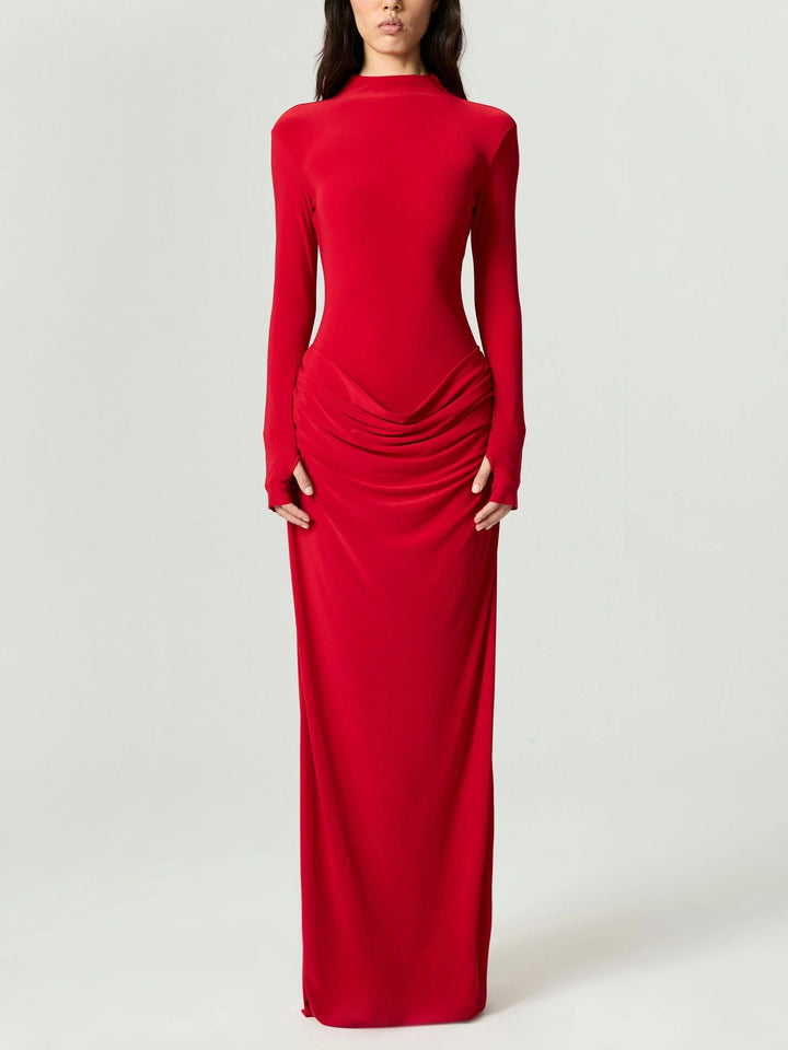 Elegant High-Neck Ruched Long-Sleeved Bodycon Maxi Dress