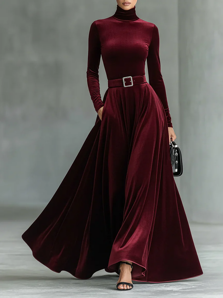 Elegant High-neck Velvet Long-sleeved Maxi Dress