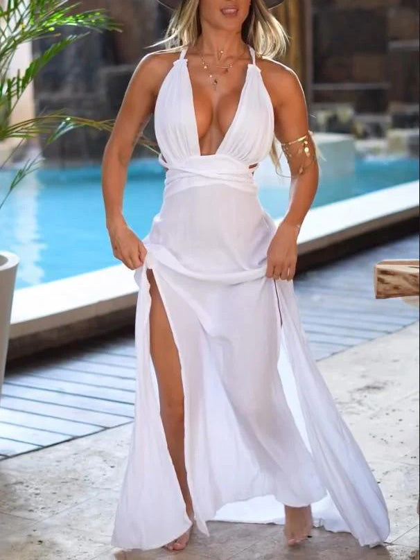 Sexy Halterneck Deep V-Neck High-Slit Maxi Dress