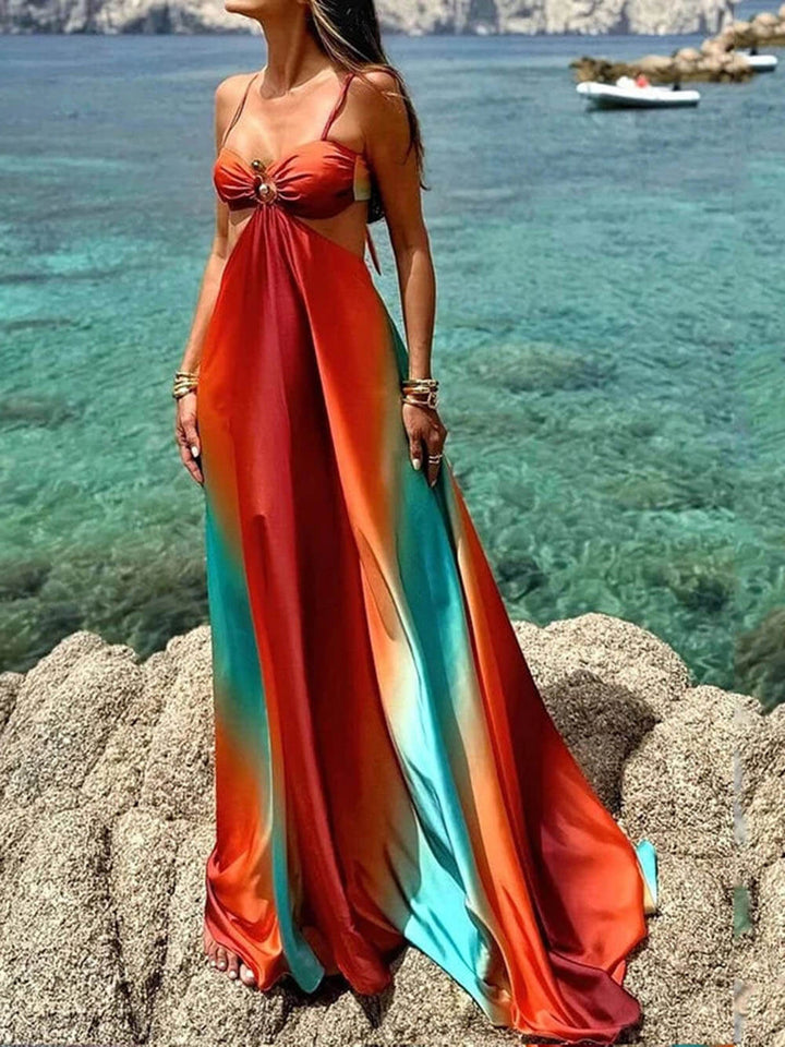 Unique Colorful Gradient Suspender Maxi Dress