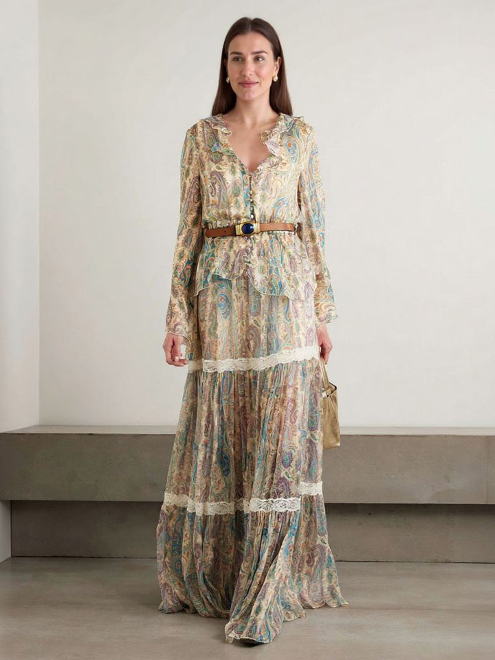 Exquisite Paisley Print Lace Trim Skirt