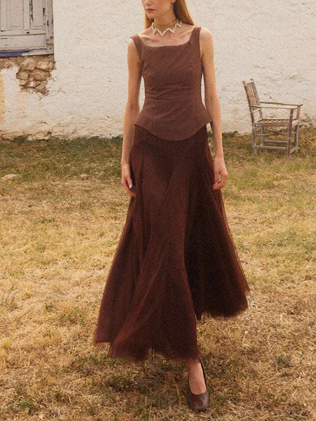 Elegant Square Neck Brown Faux Two-piece Maxi Dress