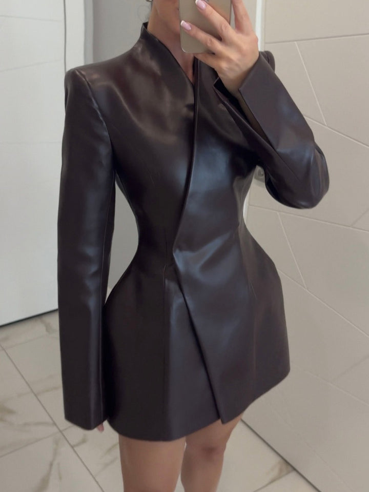 Elegant Leather Slim-fit Double-breasted Blazer