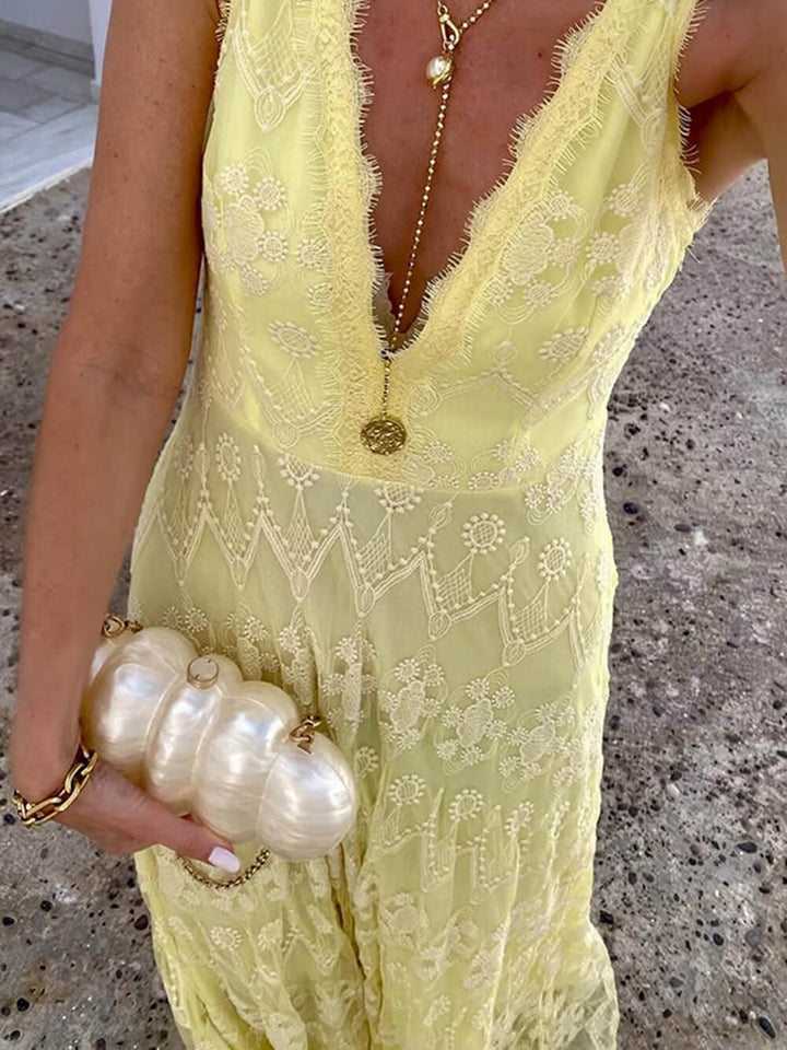 Elegant Hollow Lace V-neck Casual Maxi Dress
