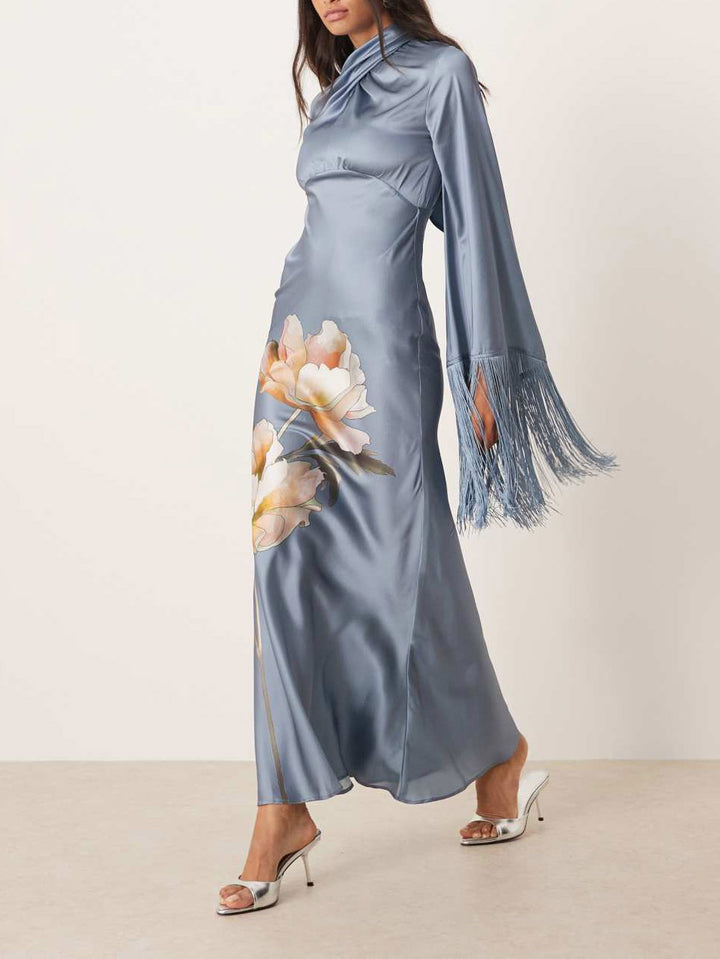 Elegant Satin Printed Tassel Maxi Dress