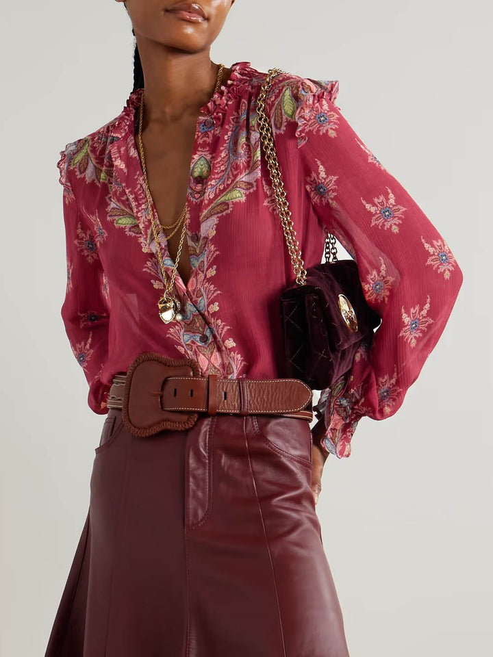 Exquisite Bohemian Ruffled Printed Chiffon Shirt