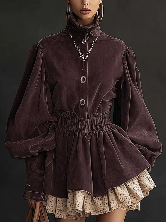 Elegant High-neck Puff Sleeve Corduroy Mini Dress