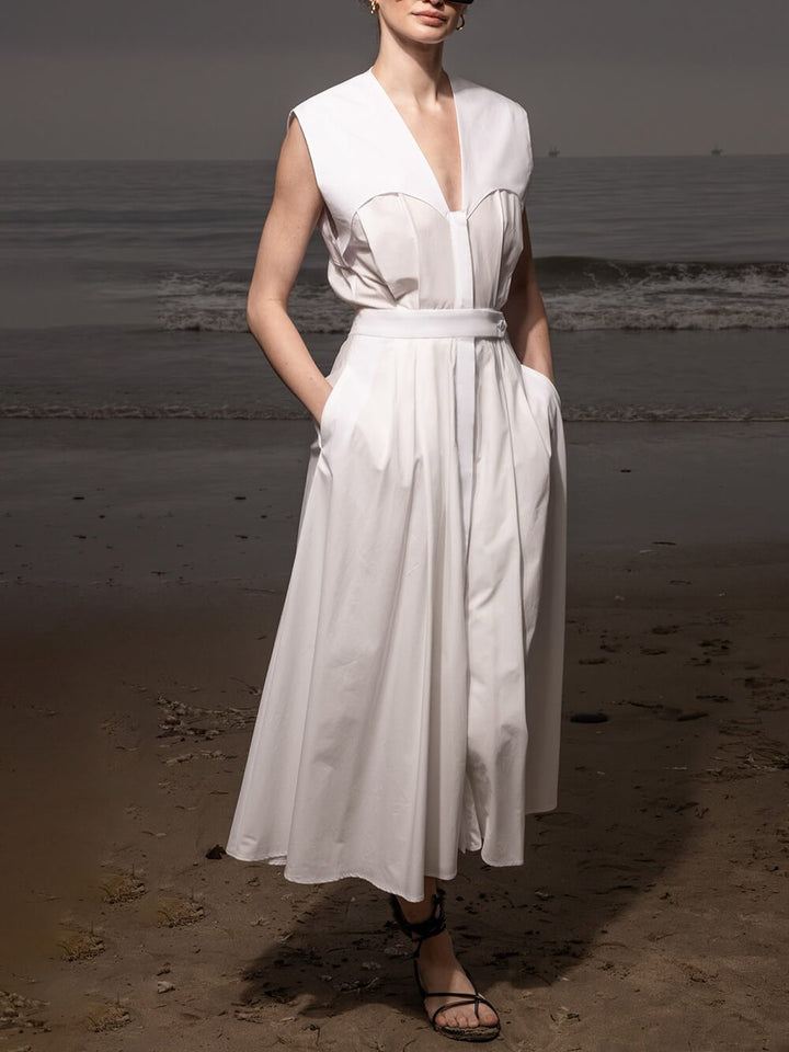 Elegant V-Neck Button-Detail Linen Midi Dress