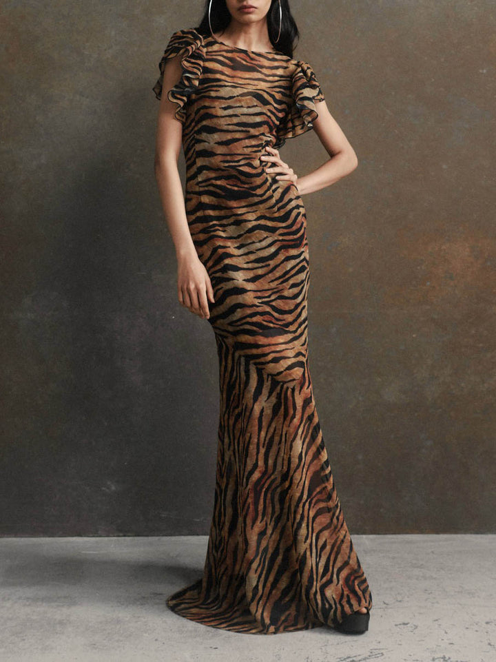 Leopard Print Ruffled Short-sleeved Evening Maxi Dress