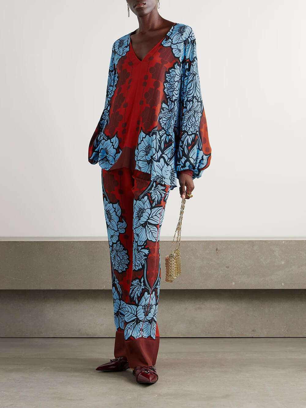 Unique Color-Block Print V-Neck Satin Loose Shirt