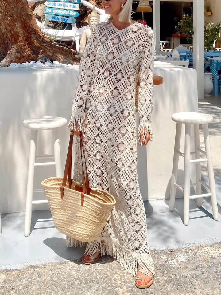 Exquisite Tassel-Trimmed Lace Bell Sleeve Maxi Vacation Dress