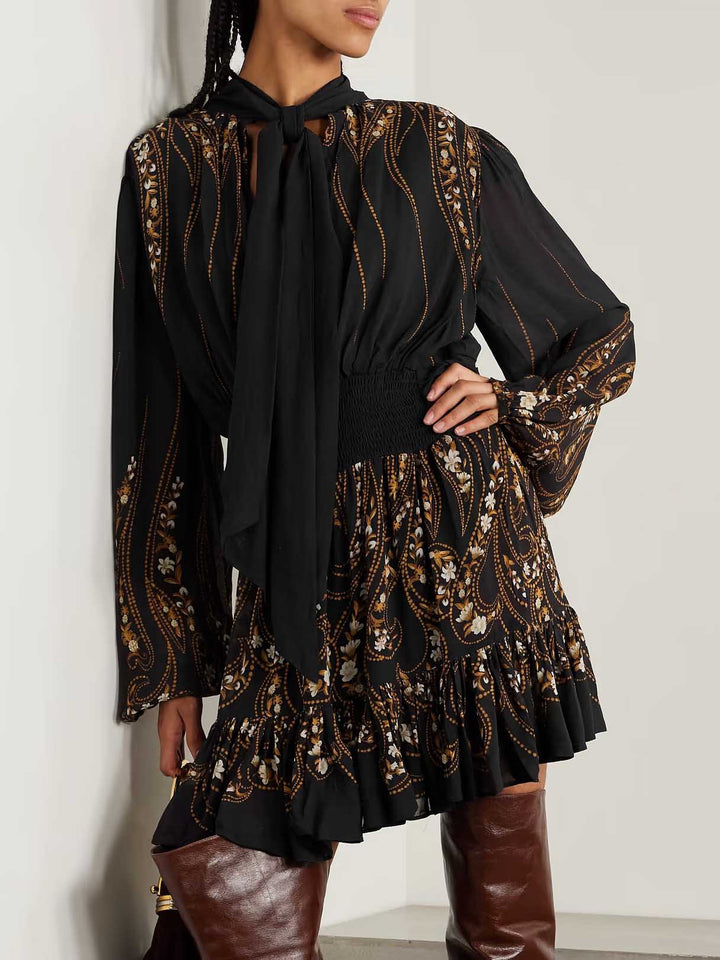 Tie-neck Printed Chiffon Flowy Mini Dress