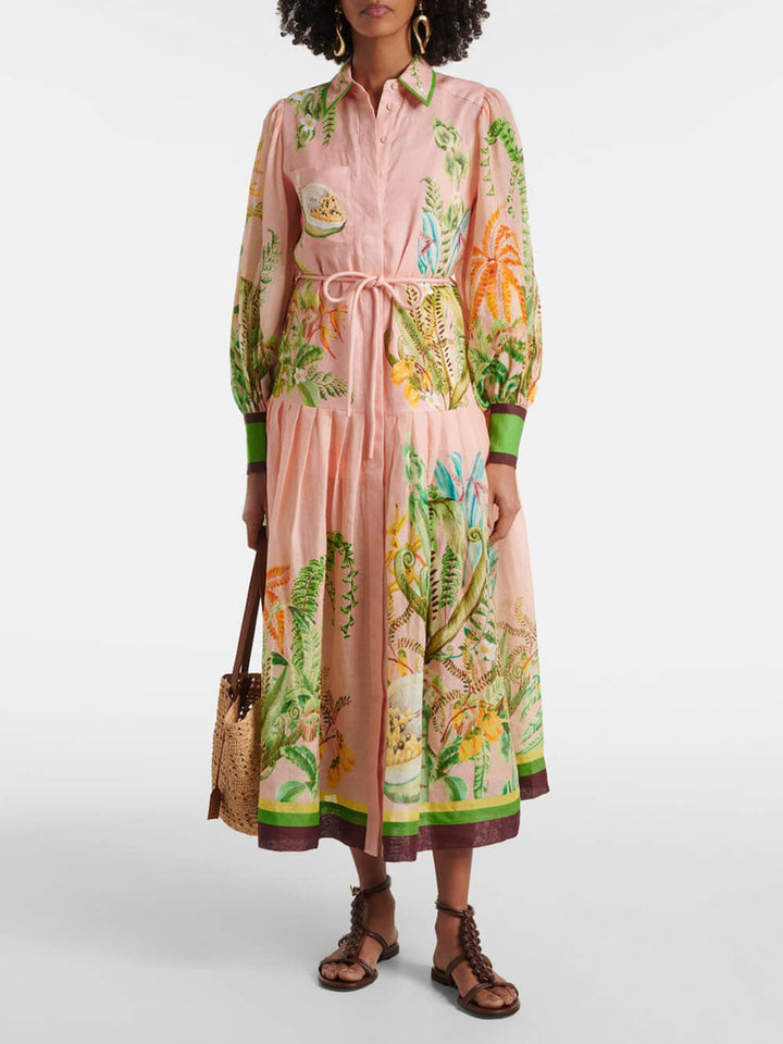 Exquisite Unique Papaya Floral Printed Oversized Midi Shirt Dress