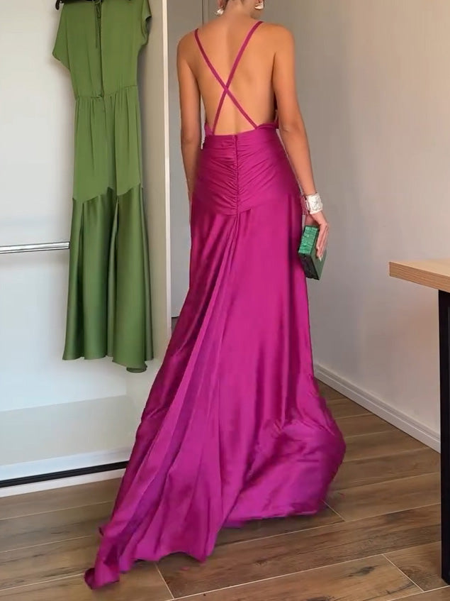 Elegant V-Neck Satin Tie-Waist Floor-Length Slip Dress