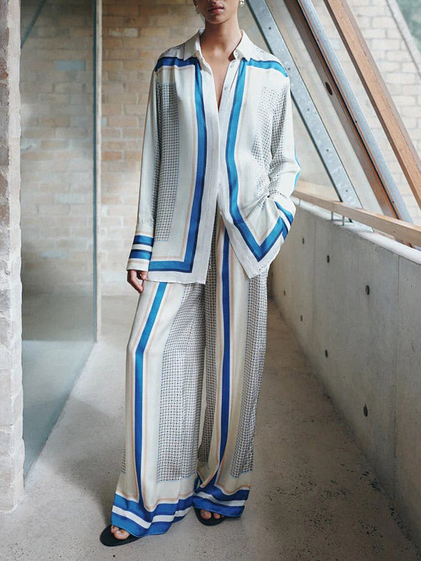 Exquisite Geometric Stripe Print Elastic Waist Wide-leg Pants