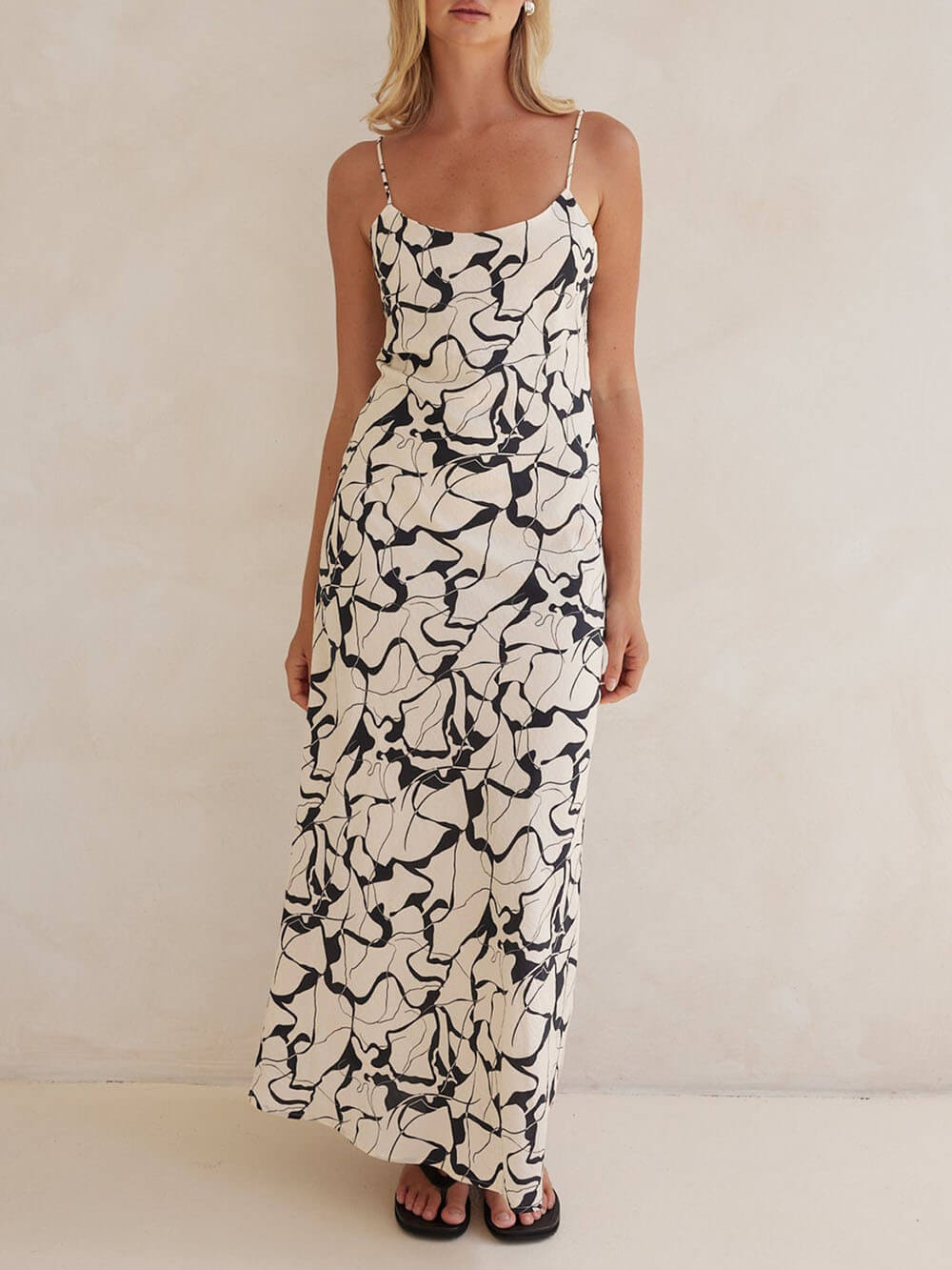 Elegant Black Abstract Printed with Adjustable Straps Maxi Dress