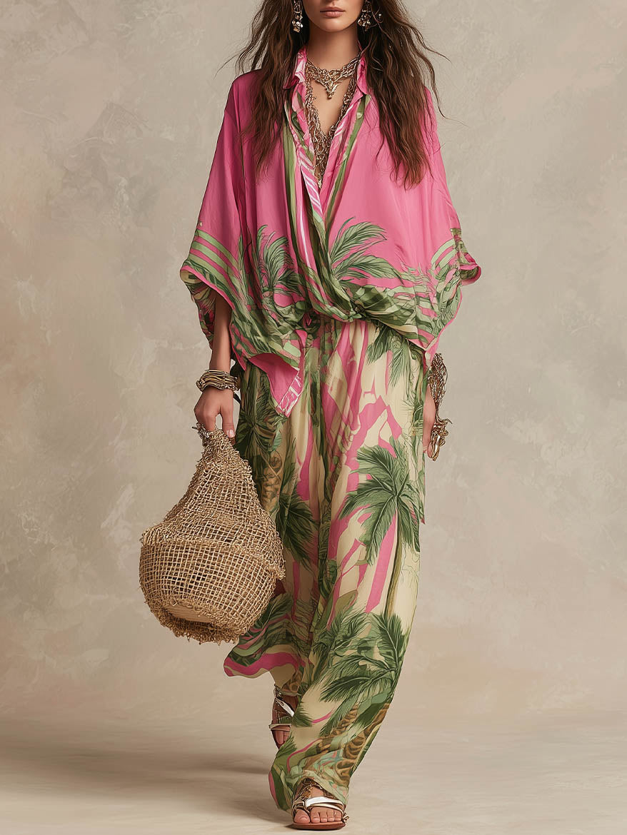 Bohemian Tropical Print Loose Batwing Sleeve Shirt