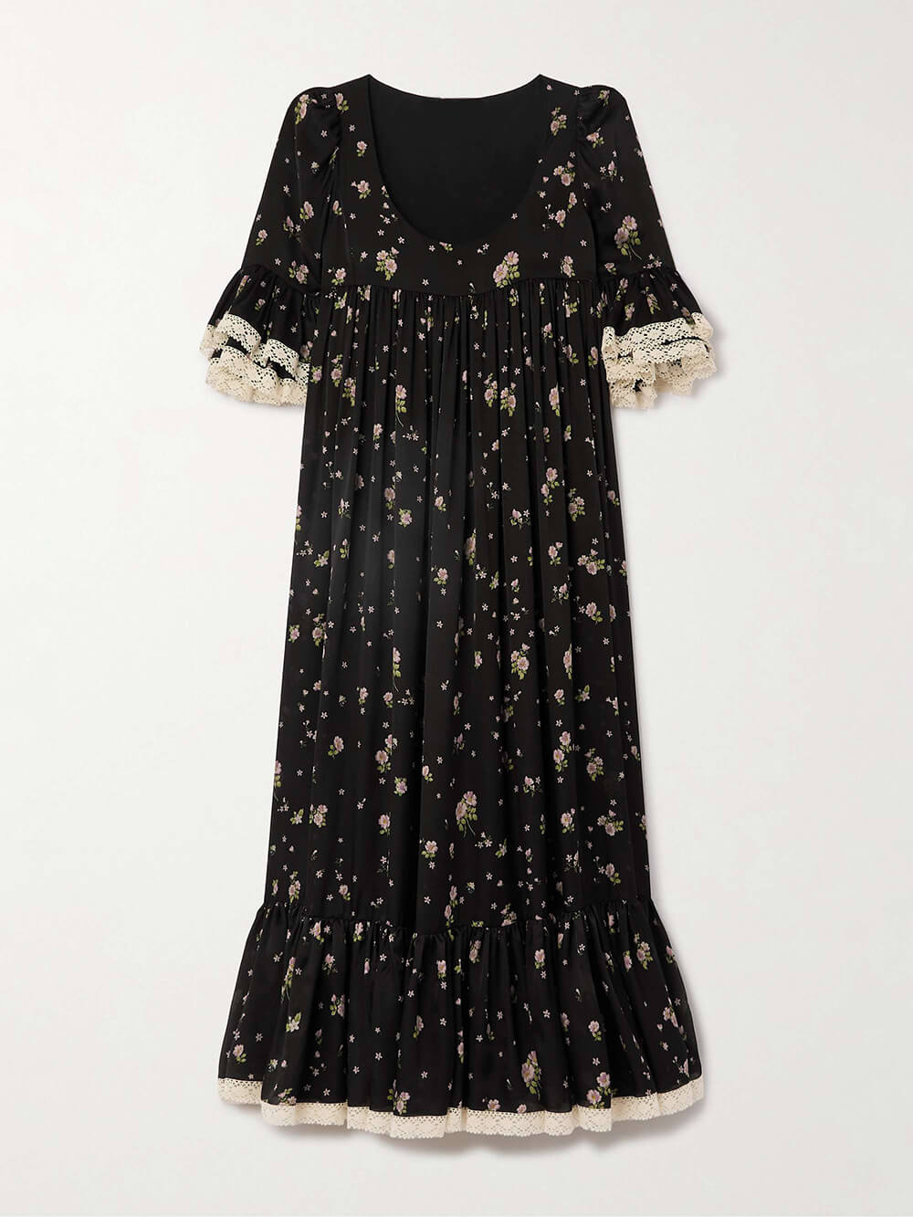 Retro Lace-Trimmed Ruffled Floral Print Midi Dress