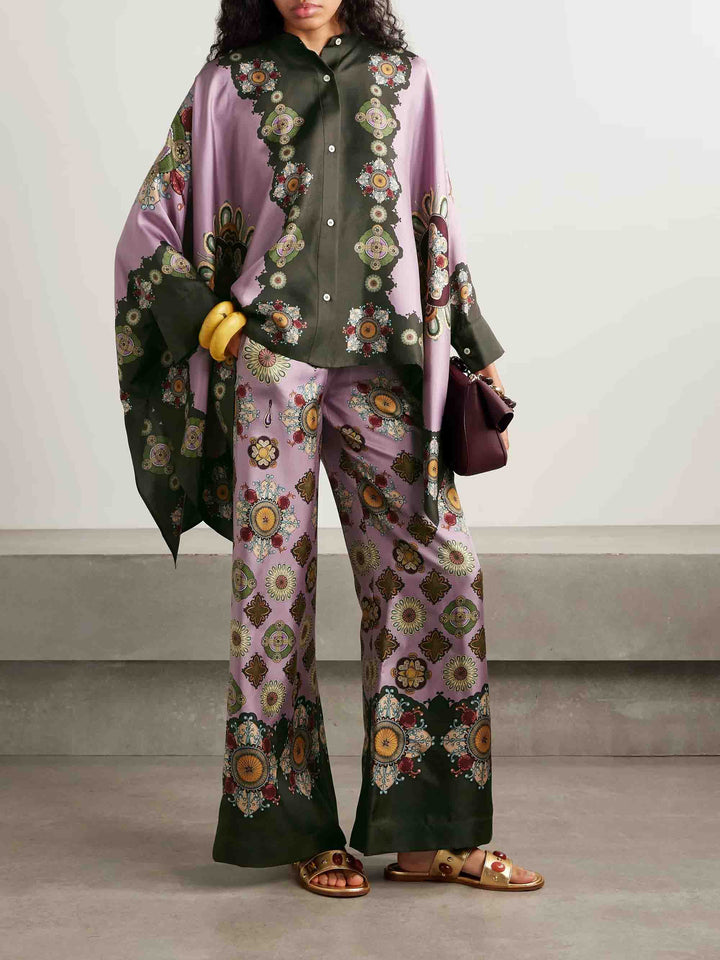 Retro Fine Satin Floral Print Wide-Leg Pants