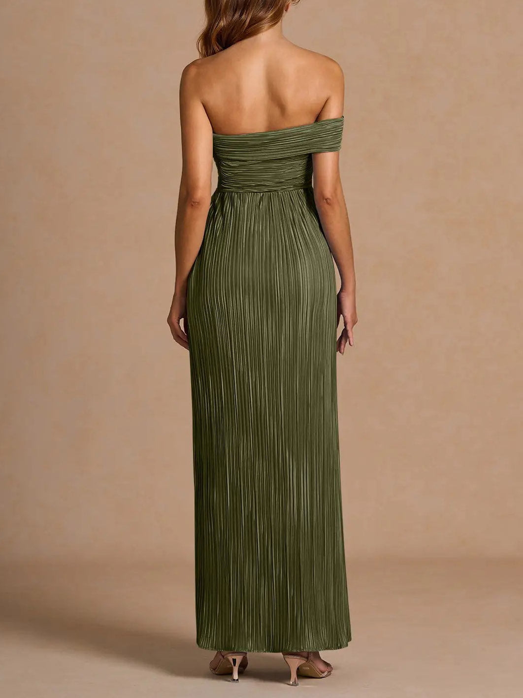 Elegant Off-The-Shoulder Pleated Slit Maxi Dress
