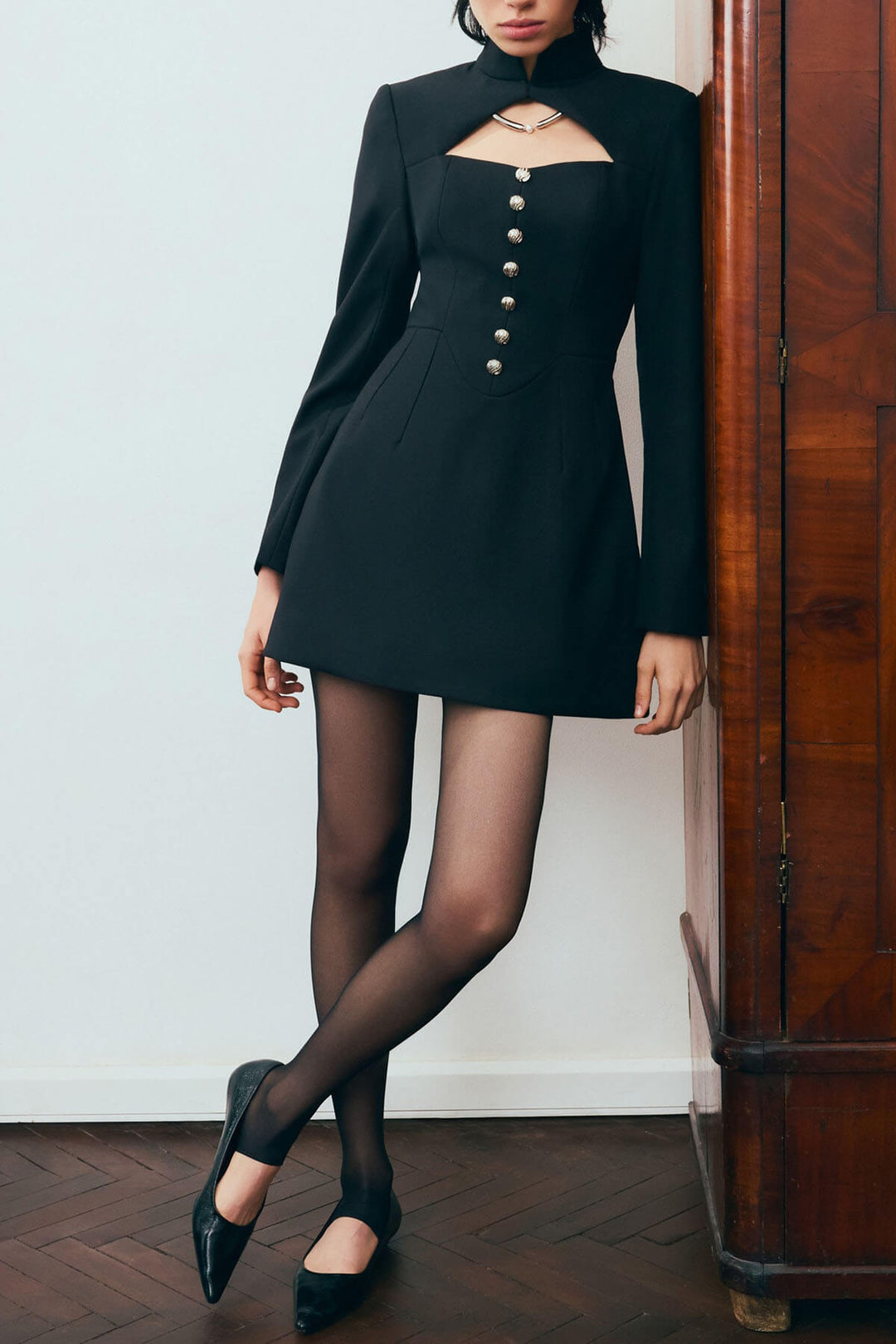 Exquisite Hollowed-out Button-down Slim-fit Mini Dress