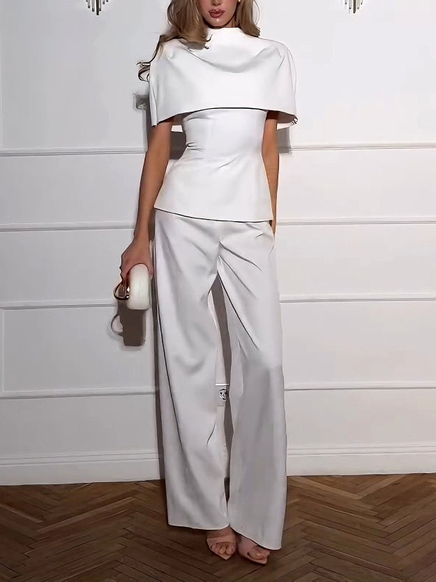Elegant Cape-Style Top & Wide-Leg Pants Two-Piece Set