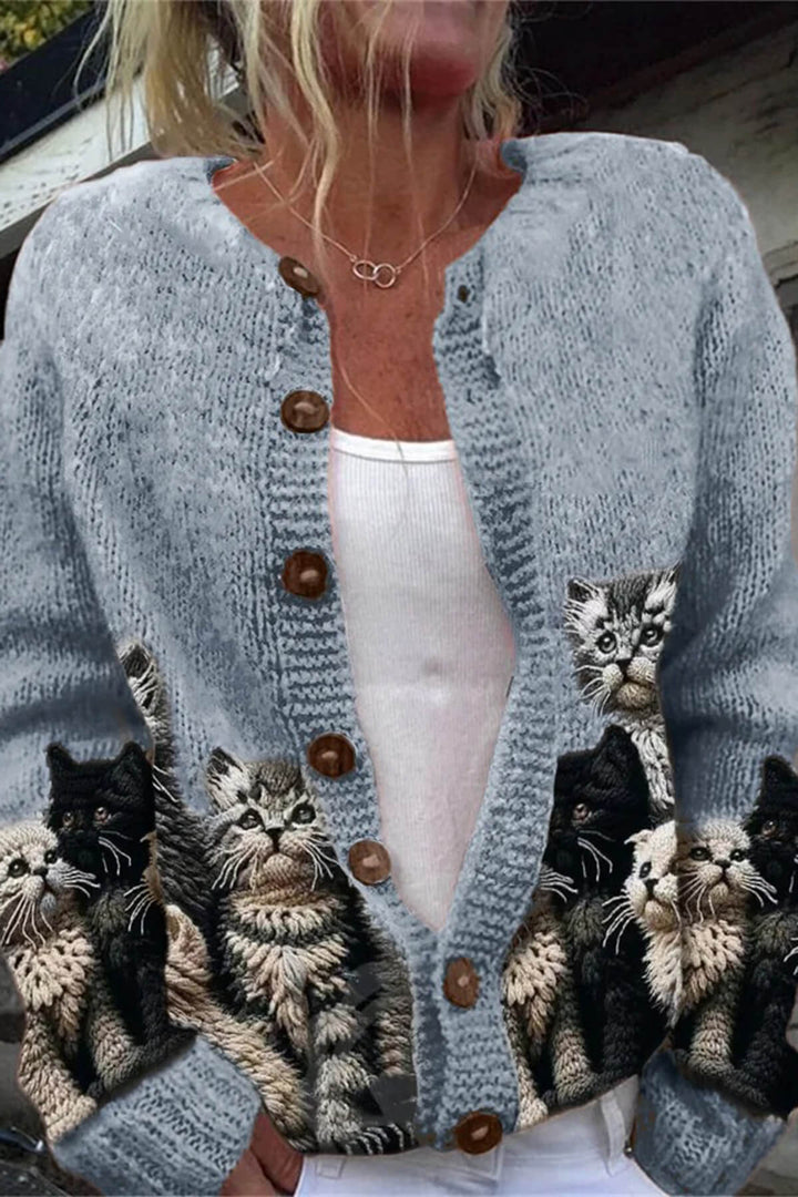 Casual Fuzzy Cats Crochet Art Cozy Knit Cardigan
