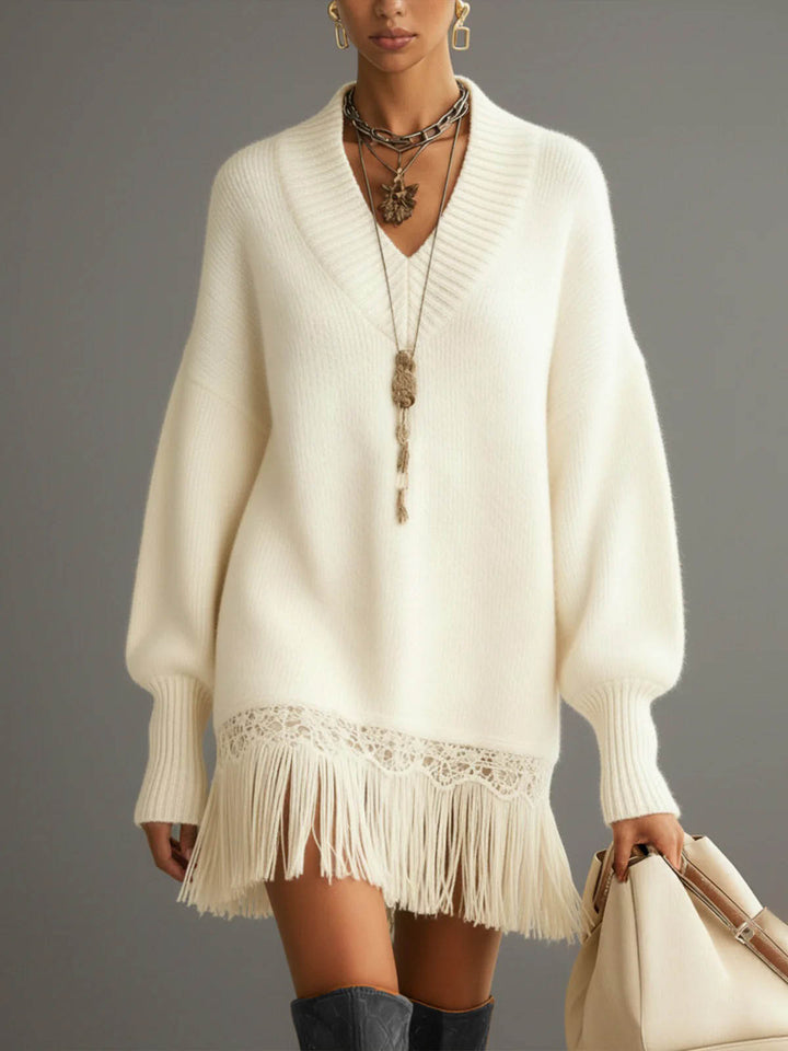 Casual Tassel V-Neck Sweater Dress