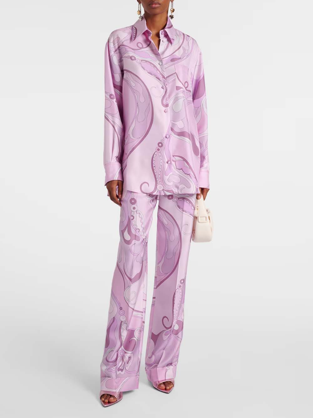 Exquisite Orchid Print Satin Twill Button-Down Oversized Shirt