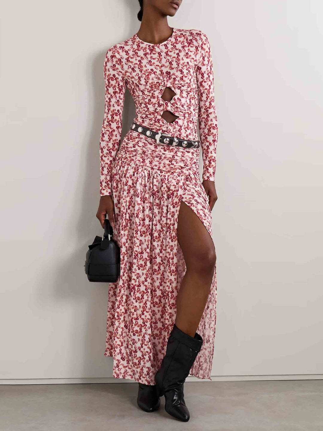 Exquisite Pleated Floral Print Stretch Knit Slit Skirt