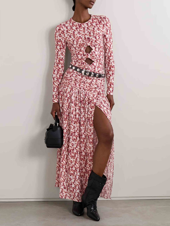 Exquisite Pleated Floral Print Stretch Knit Slit Skirt