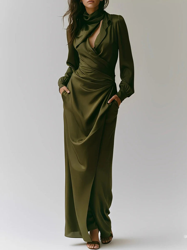 Elegant Satin Draped Shirt Maxi Dress