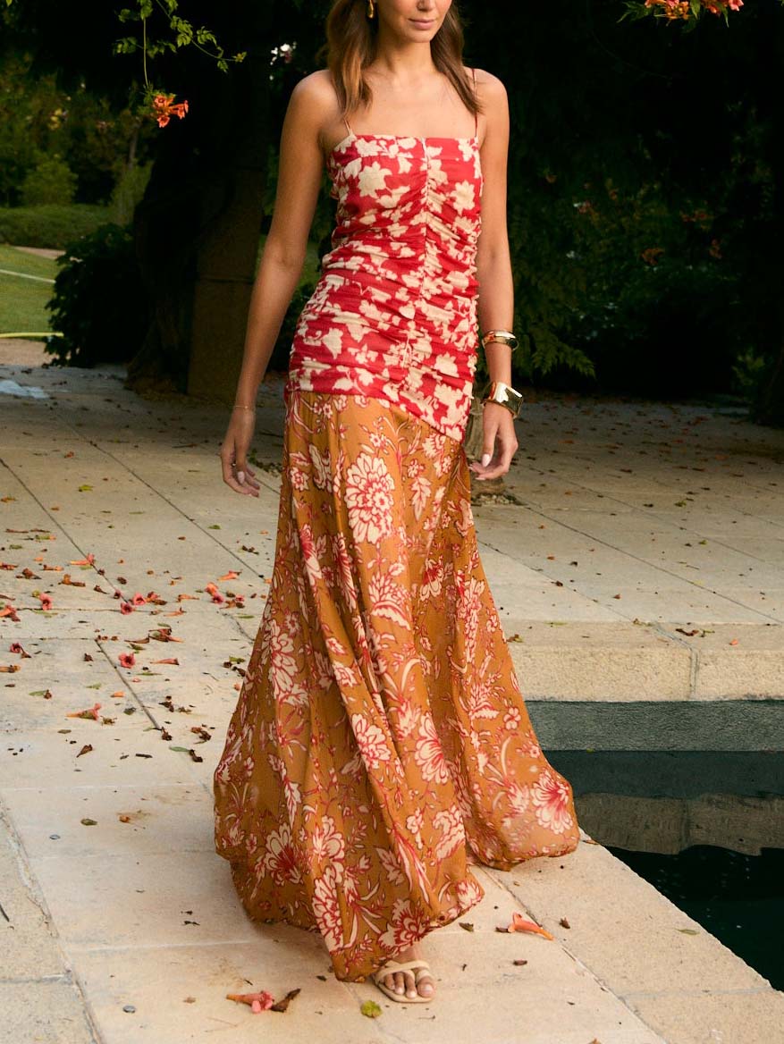 Unique Two-tone Floral Print Pleated Flowy Maxi Dress
